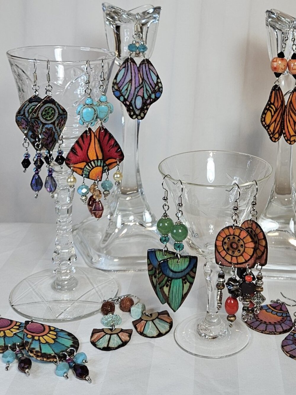 Earrings, Handcrafted colorful pyrography Boho earrings